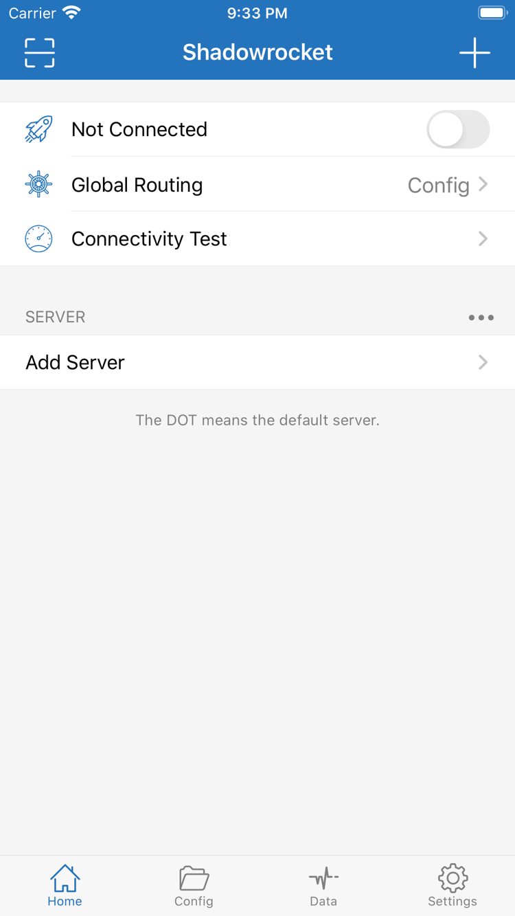 ShadowrocketのHome公式スクリーンショット。Not Connected、Global Routing、Connectivity Test、SERVER、Add Serverを表示