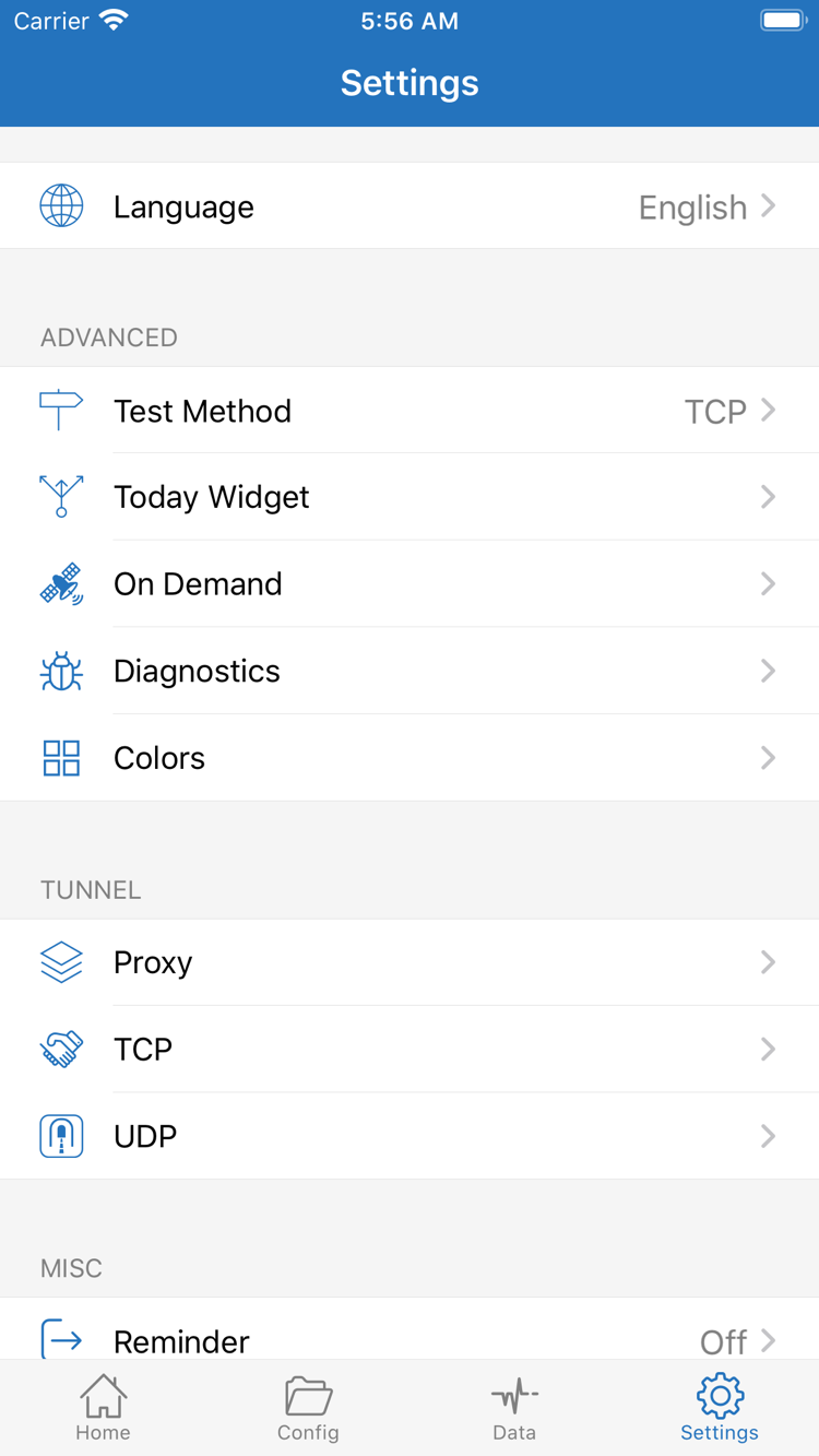 Official Shadowrocket Settings screenshot showing Language, Test Method, Today Widget, On Demand, Diagnostics, and the Proxy, TCP, and UDP settings