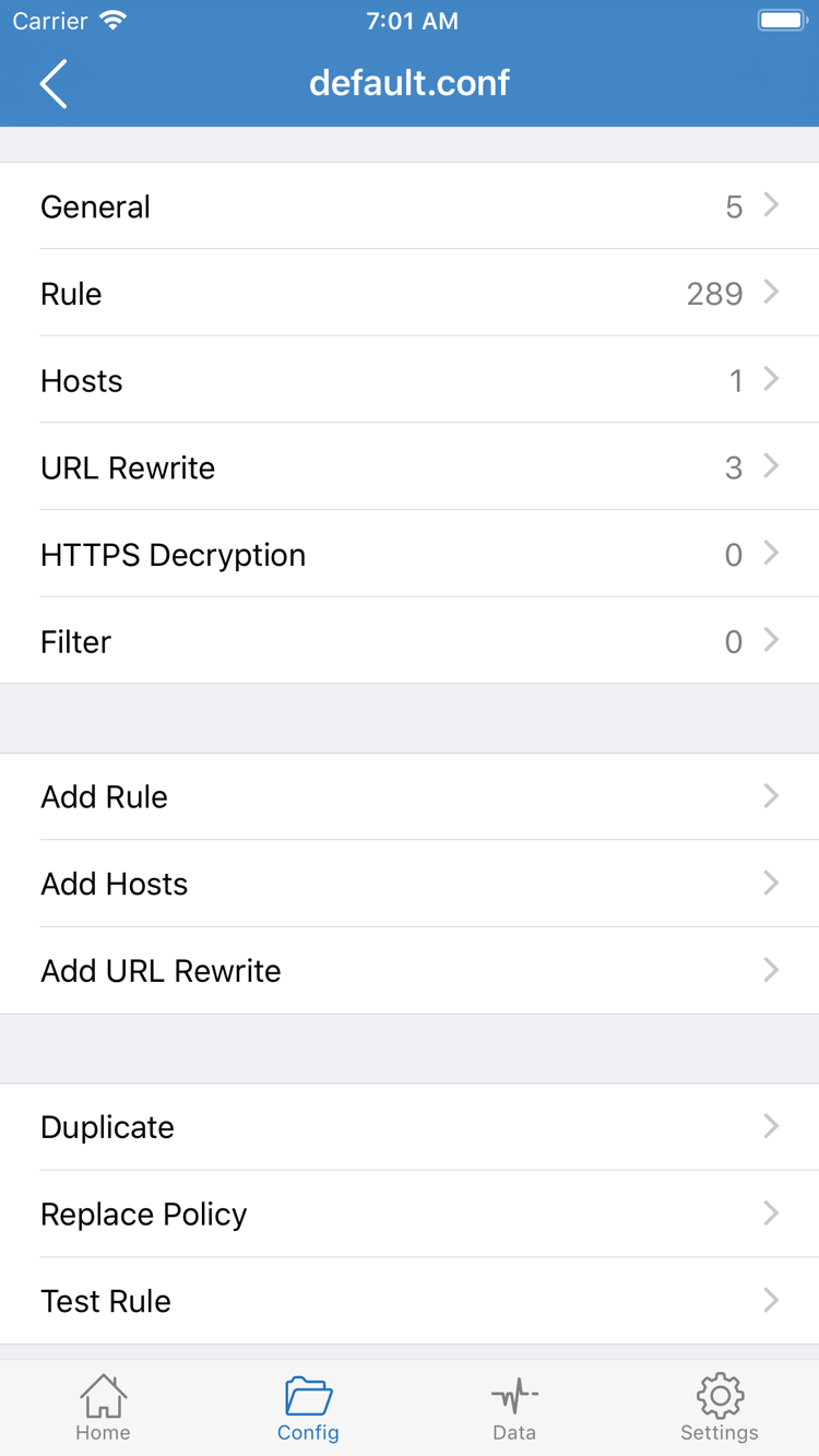 Official Shadowrocket Config screenshot showing the General, Rule, Hosts, URL Rewrite, and HTTPS Decryption sections, along with Add Rule